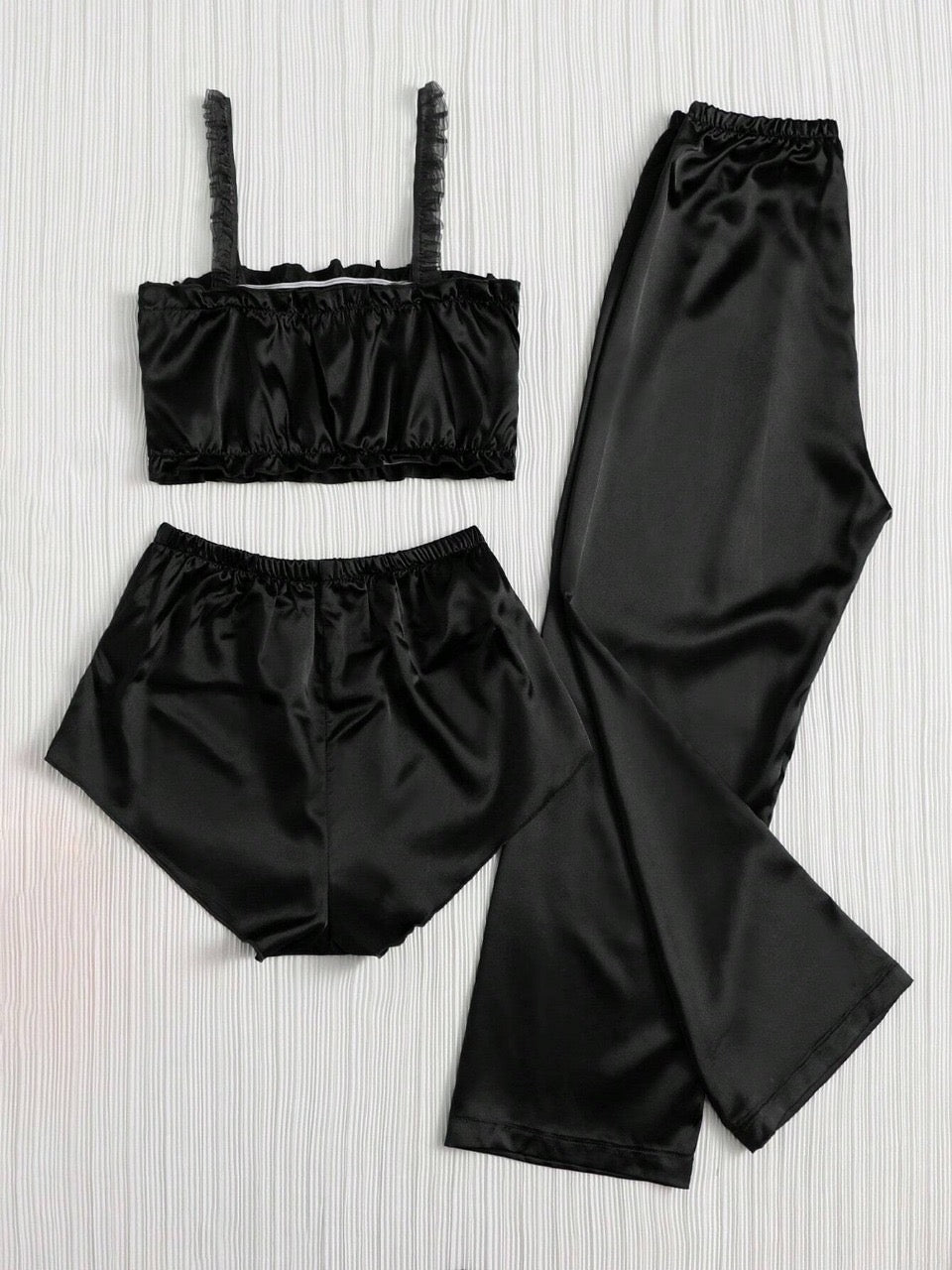 Solid Color Pleated Satin Pajama Set Including Camisole, Shorts And Long Pants