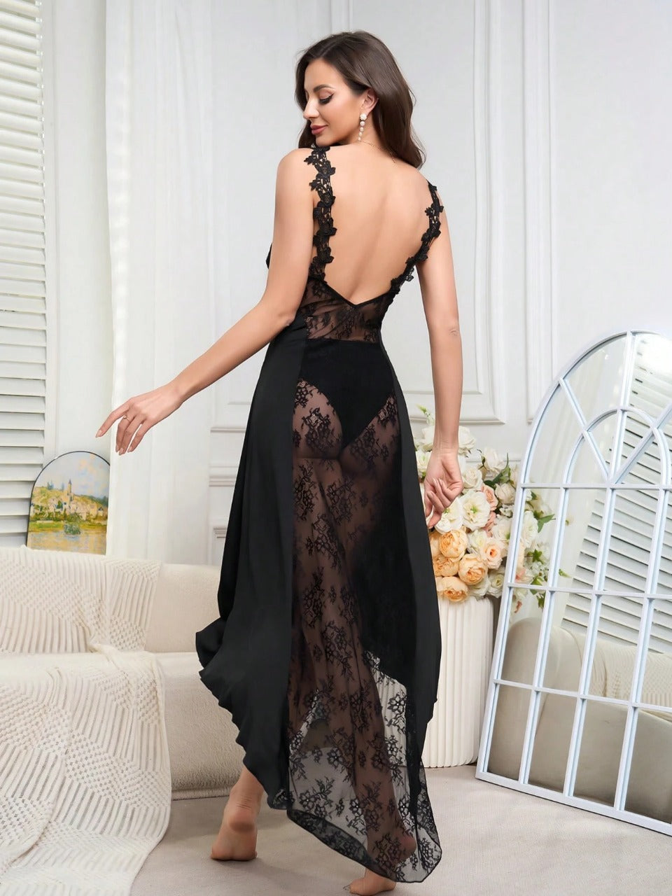 Elegant Black Lace Charming Sexy Ladies Nightgown