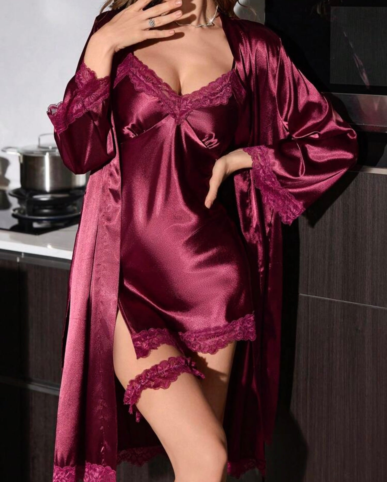 SilkySpell 3 Pcs Set: Lace Splice Slit Cami Nightgown + 3/4 Sleeve Robe + Lace Leg Garter, Ladies Sleepwear
Size
