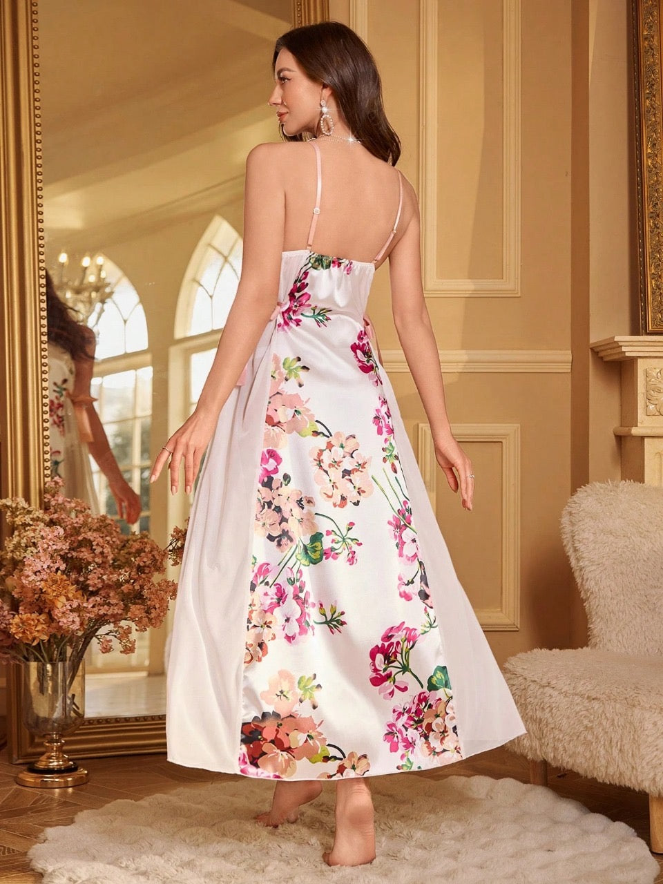 Floral Print Faux Silk & Mesh Strap Waist Maxi Nightgown For Women