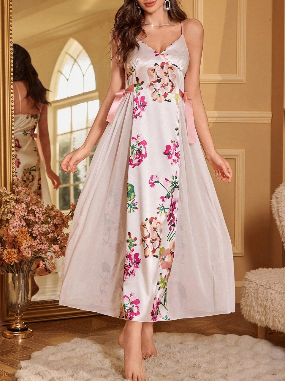 Floral Print Faux Silk & Mesh Strap Waist Maxi Nightgown For Women
