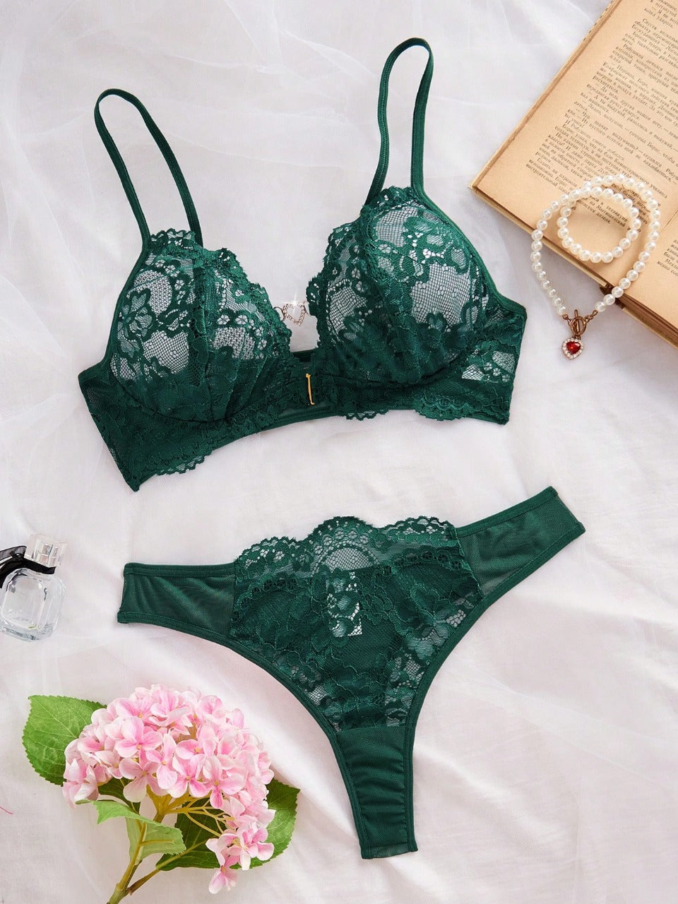 2pcs Women's Lace Front Clasp Wireless Bra Set Sexy Lingerie