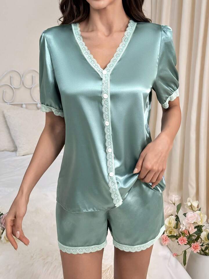 Women's Lace Trim Short Sleeve Top And Shorts Pajama Set