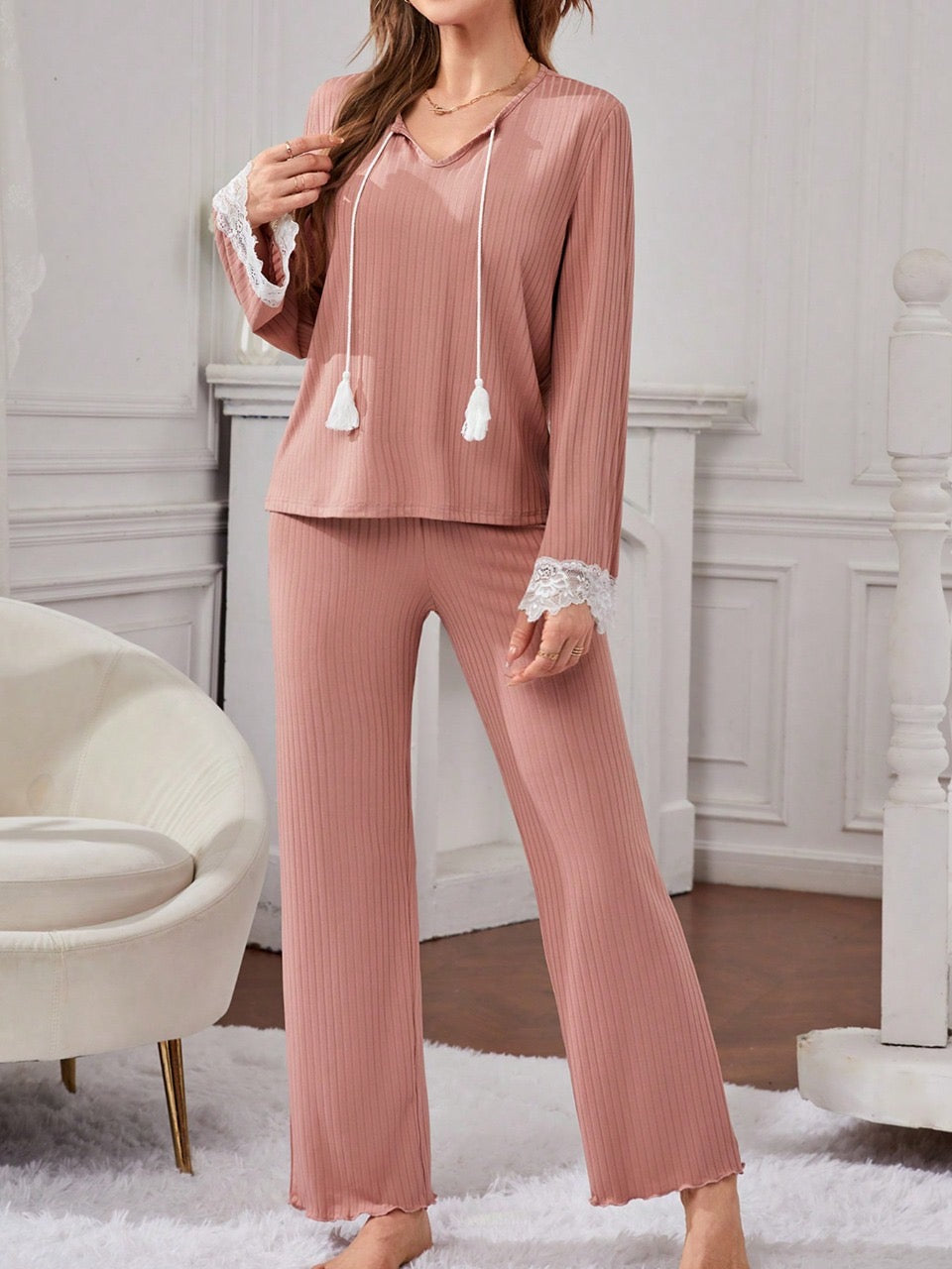 Contrast Lace Tassel Tie Neck PJ Set