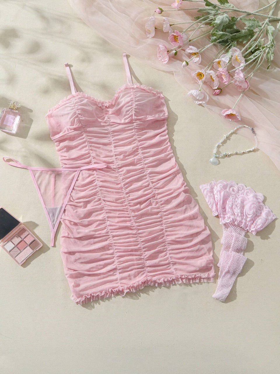 Pink Sweet Ruffle Mesh Perspective Women's Sexy Nightgown