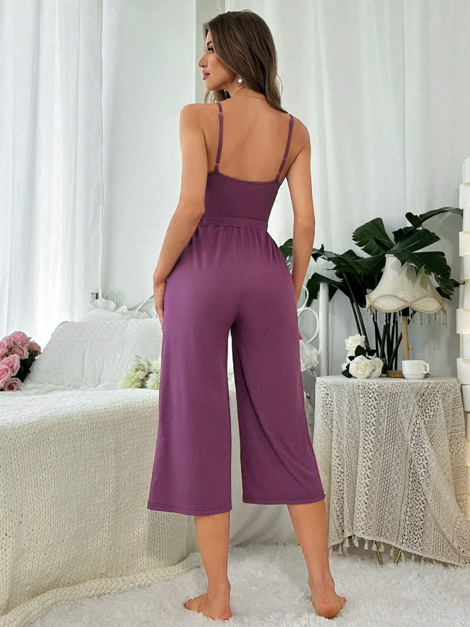 Women's Solid Color Wide-Leg Jumpsuit With Straps For Home Wear