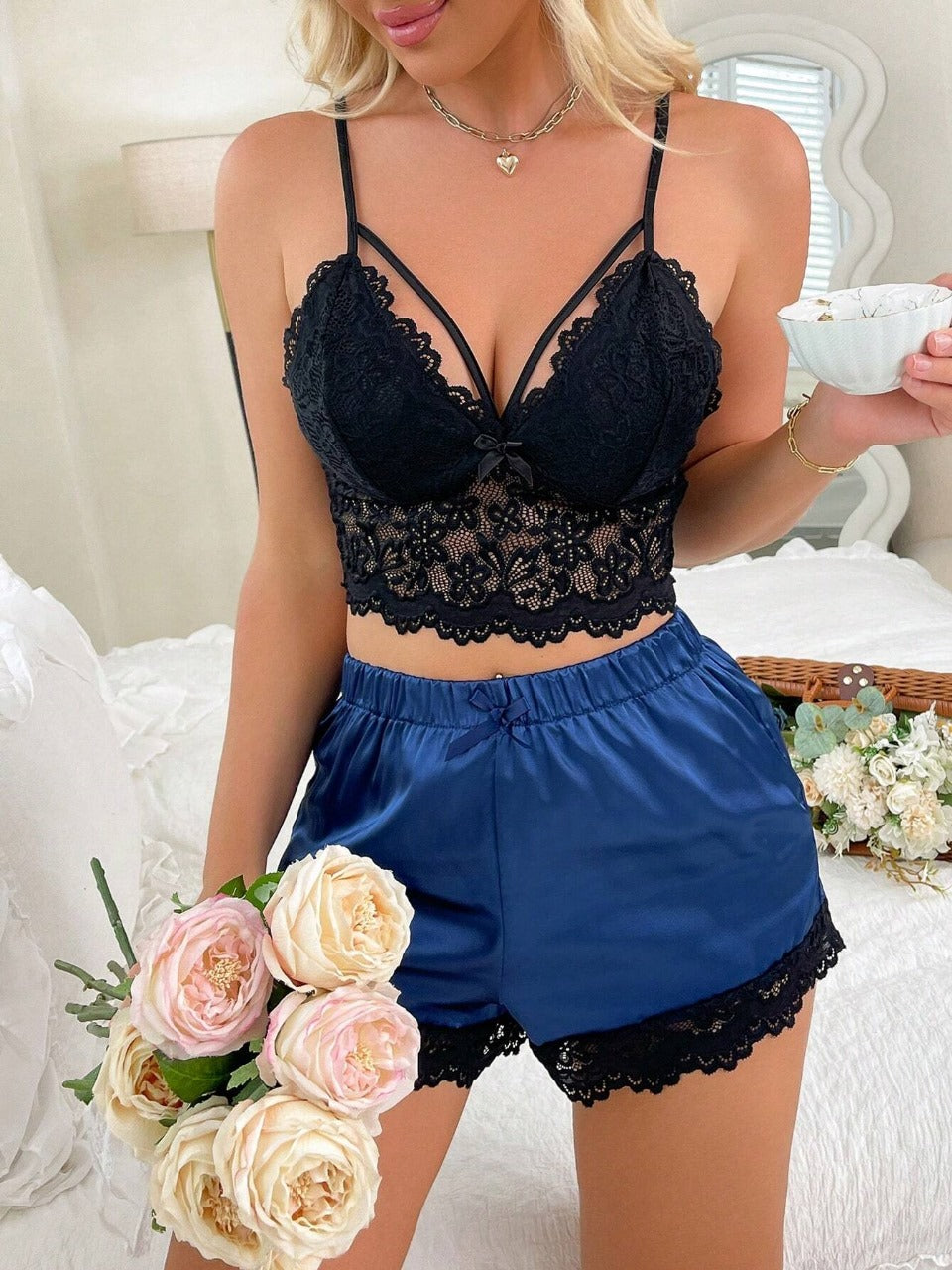 Lace Cami Top & Satin Shorts Pajama Sets