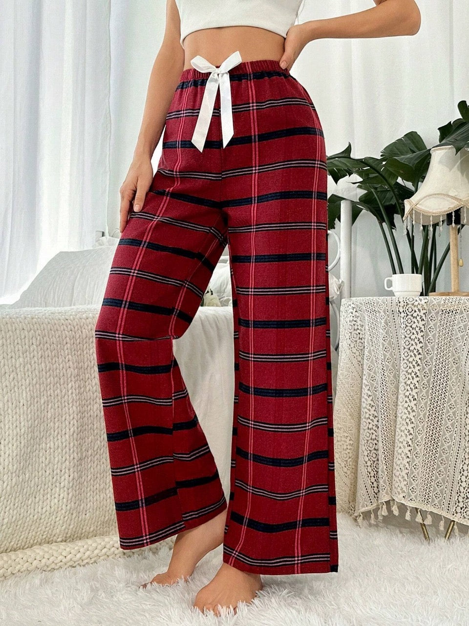 Women's Plaid Bowknot Decoration Lounge Pants