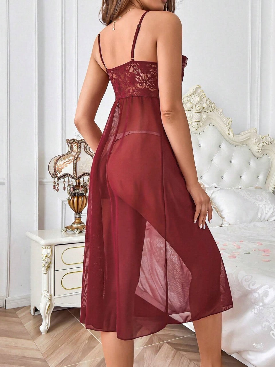 Christmas Wine Red Sexy Mesh Flower Petal Dress Ladies Nightgown