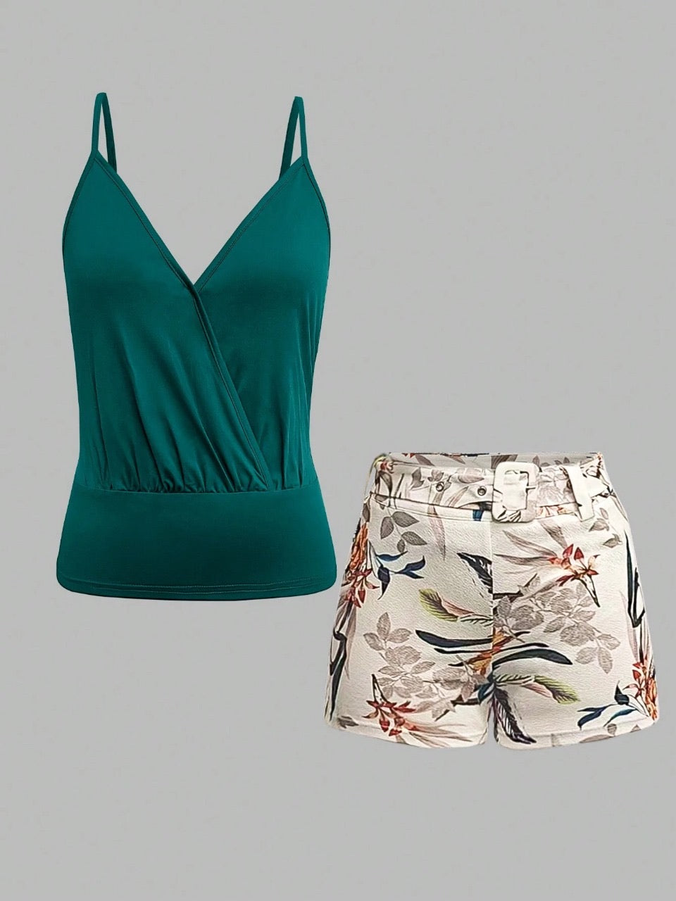 Essnce Women's Solid Color Tank Top And Botanical Print Shorts 2 Pieces Set