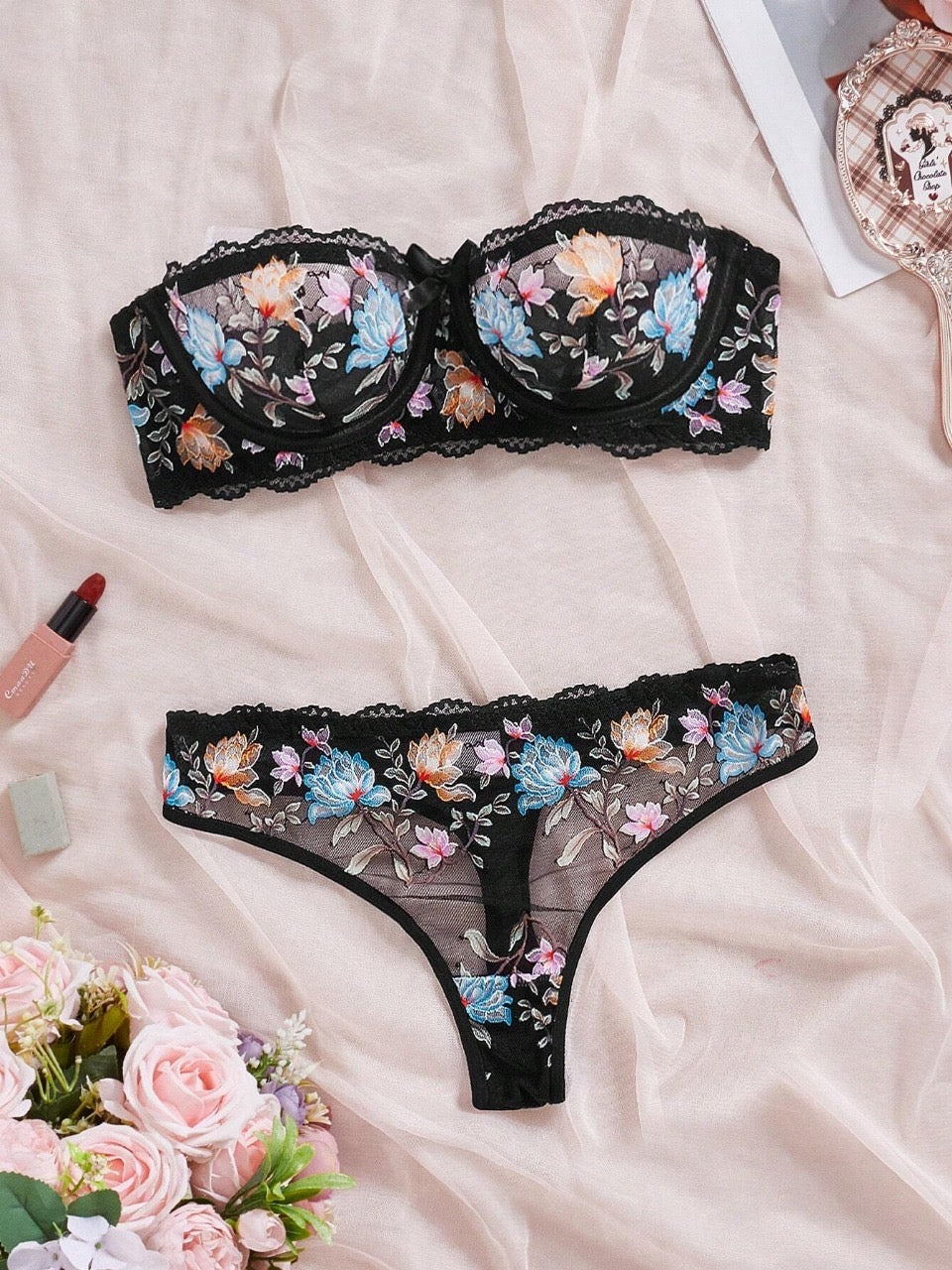 FloralLove 2pcs Floral Lace Print Cup Bra & Panty Set For Women