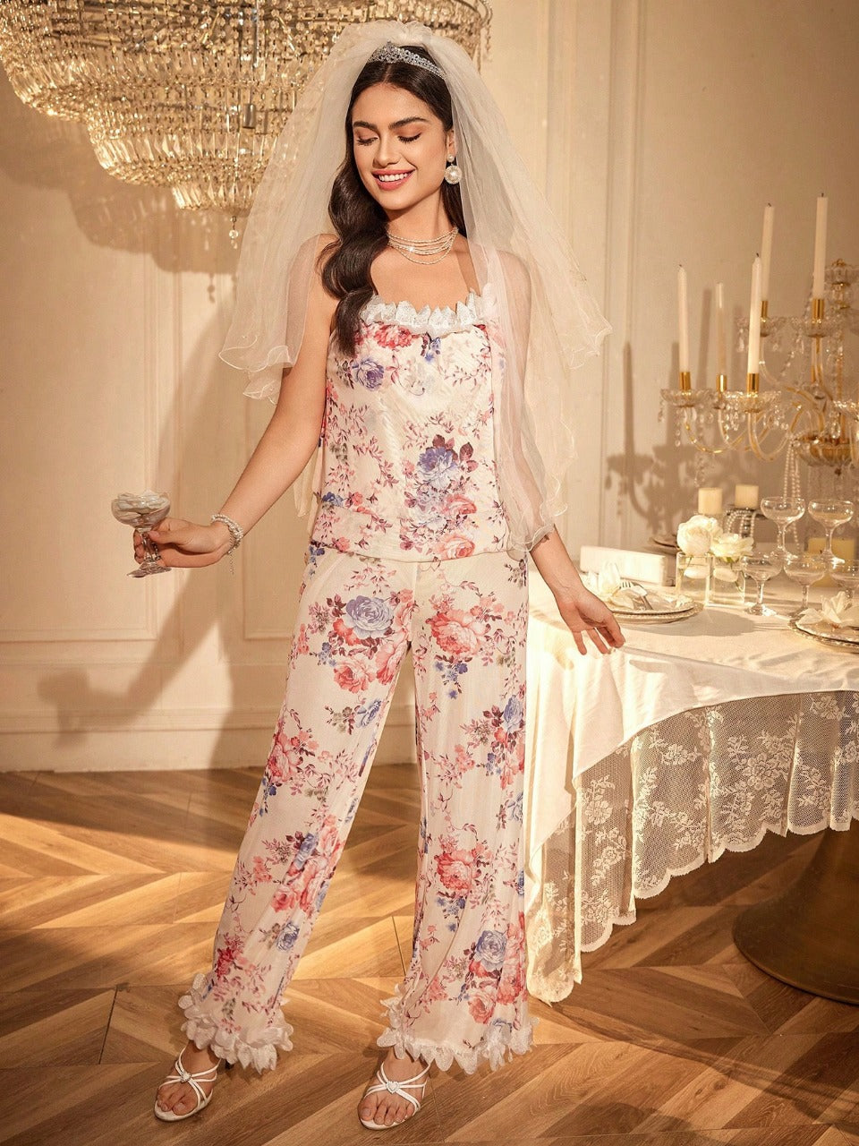 Women Sexy Mesh Floral Print Patchwork Ruffle Trim Sleepwear Set