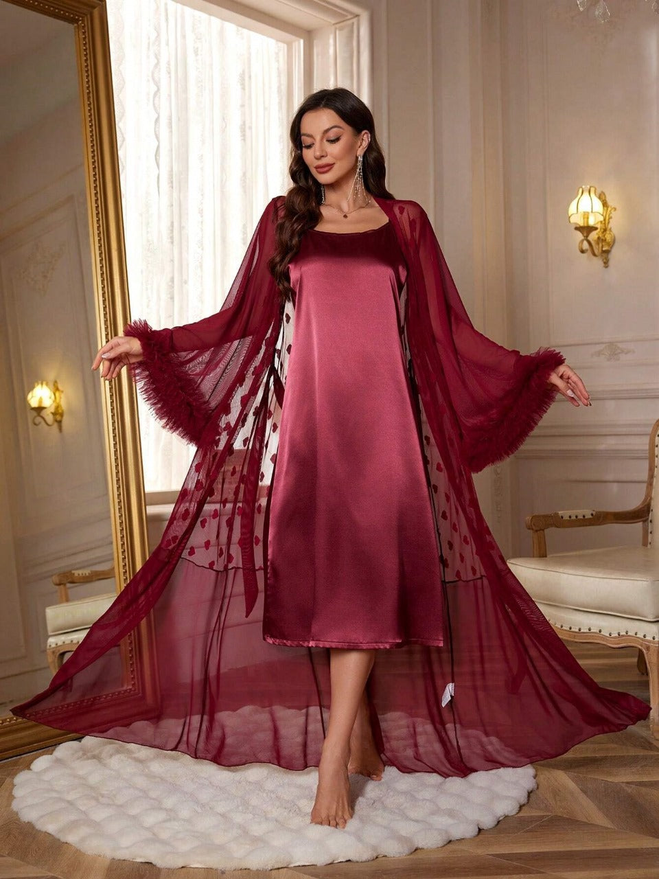 3D Floral Lace Decor Heart Design Mesh Robe And Solid Satin Cami Dress, Pajama Set