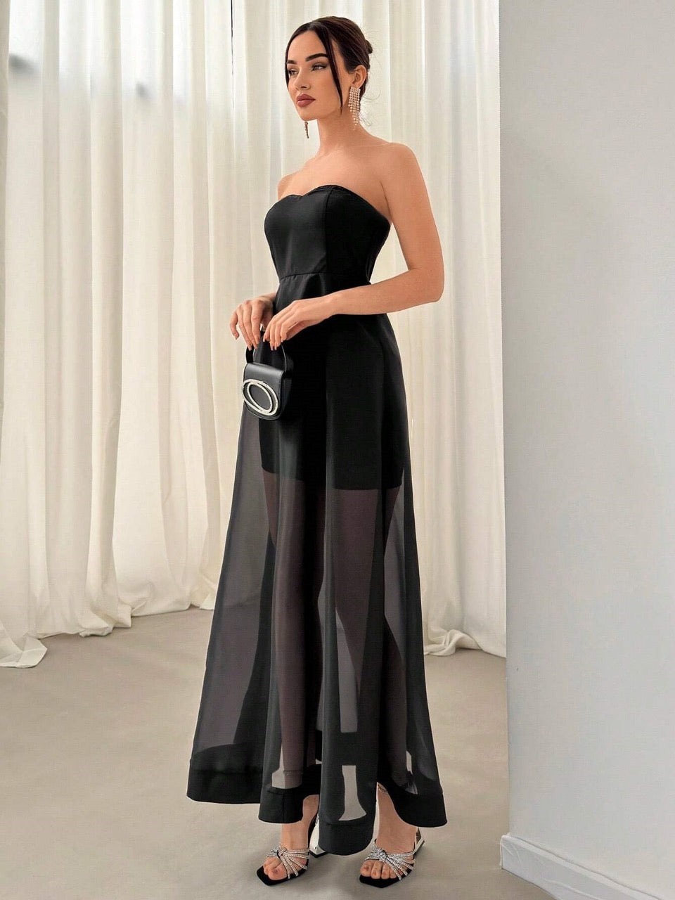 Aloruh Women's Summer Wedding Daily Elegant Holiday Date INS Music Festival Strapless Mesh Patchwork Long Elegant Evening Dress With Perspective Design, Great For Valentine's Day