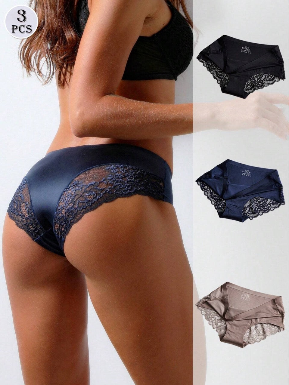 3pcs/Set Women's Ice Silk Lace Splicing Triangle Panties