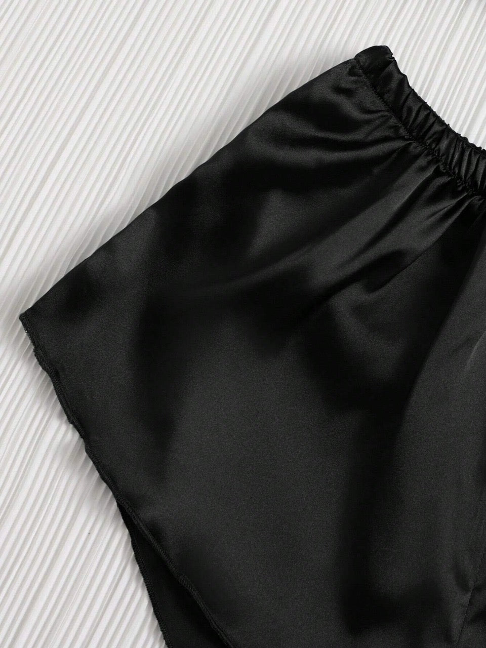 Solid Color Pleated Satin Pajama Set Including Camisole, Shorts And Long Pants