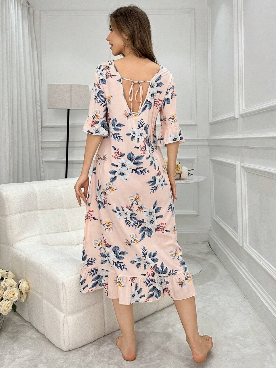 Floral Print Short Sleeve Nightgown With Ruffle Trim And Ribbon Ties