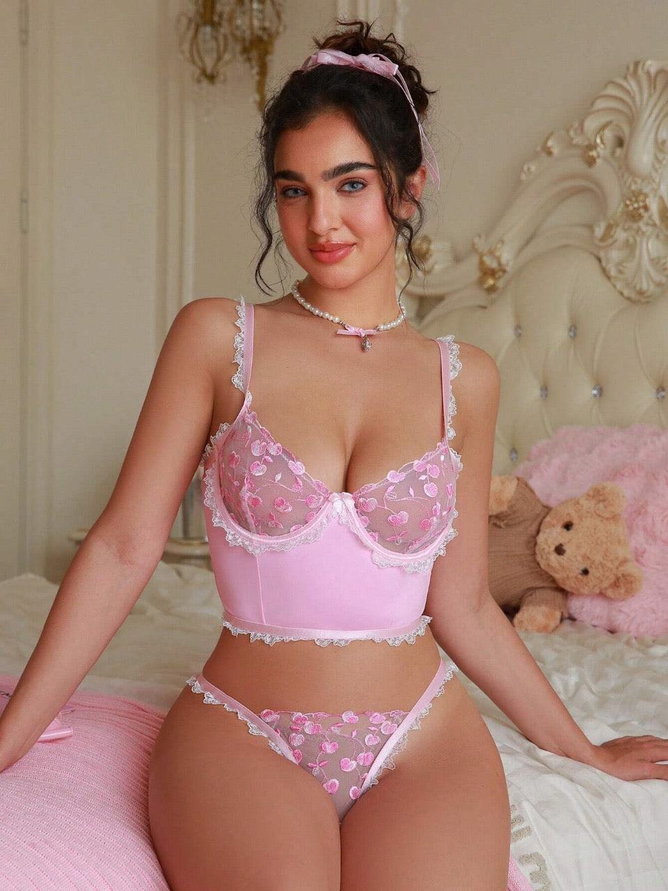 PetitDoll Sweet Lace Mesh Patchwork Bra & Thong Lingerie Set, 2pcs