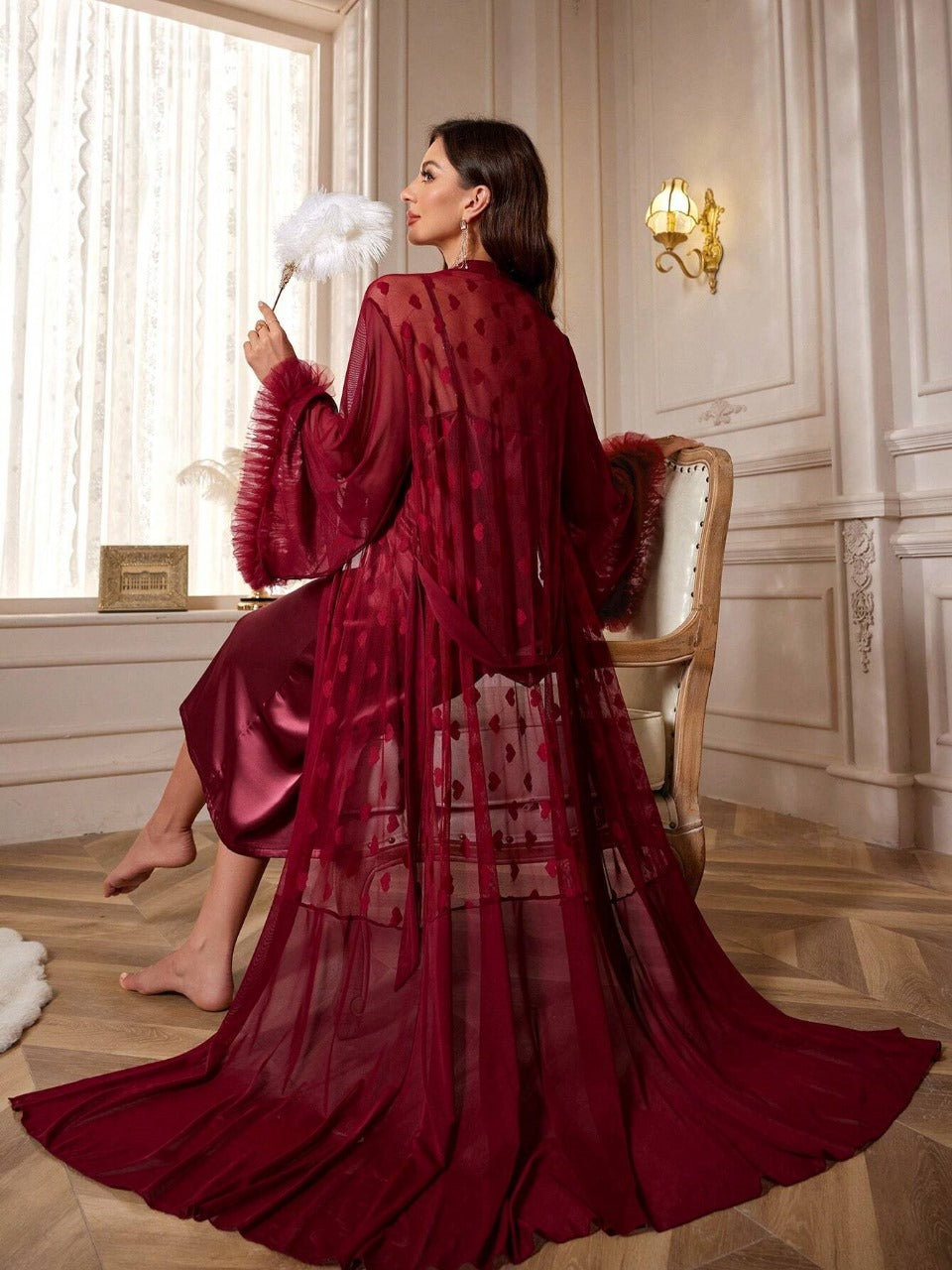 3D Floral Lace Decor Heart Design Mesh Robe And Solid Satin Cami Dress, Pajama Set
