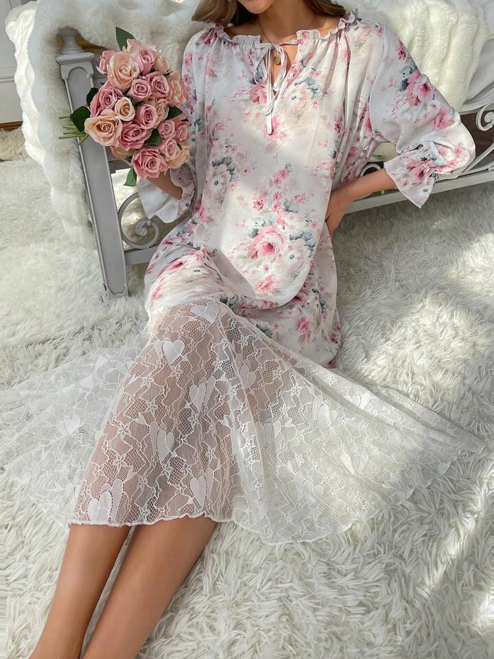 Women'S Floral Print Lace Trimmed Neckline Ribbon Tie Sleep Dress
