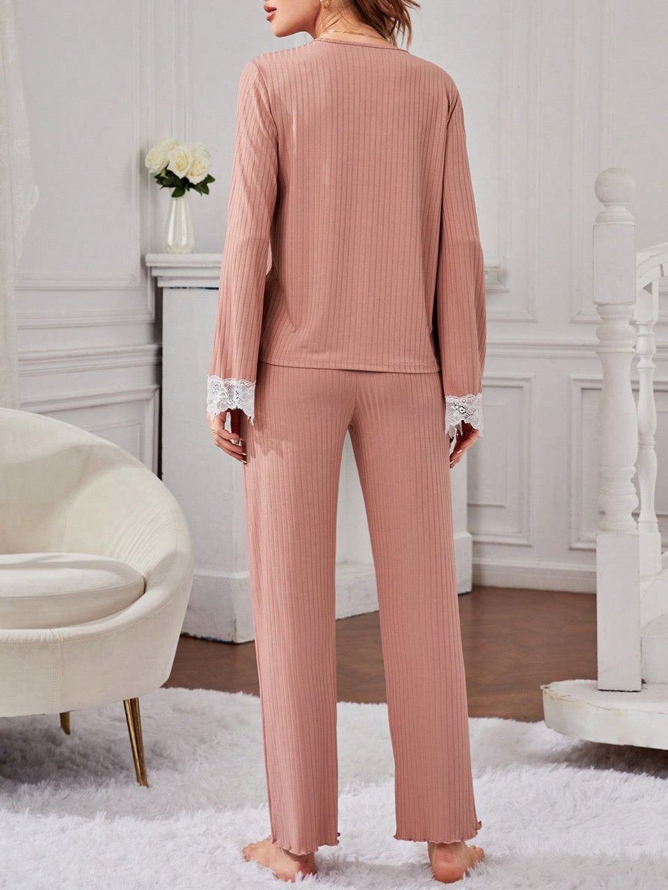 Contrast Lace Tassel Tie Neck PJ Set
