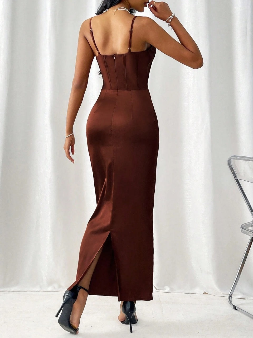 Privé Women's Elegant Cowl Collar Cami Neckline High Waist Slit Dress For Summer