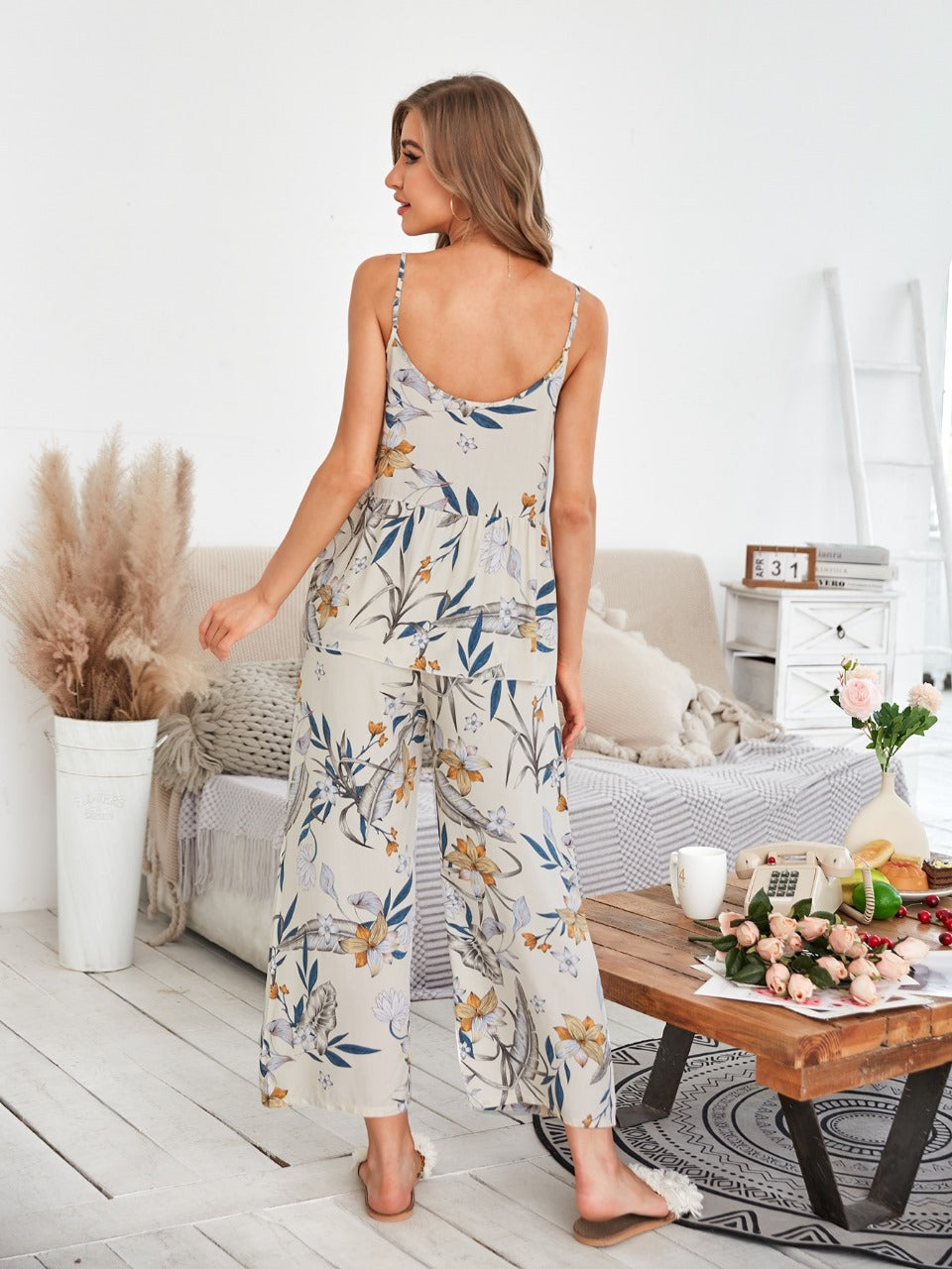 3pcs Floral Print Bow Detail PJ Set