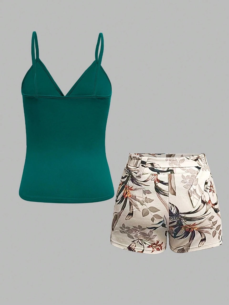 Essnce Women's Solid Color Tank Top And Botanical Print Shorts 2 Pieces Set