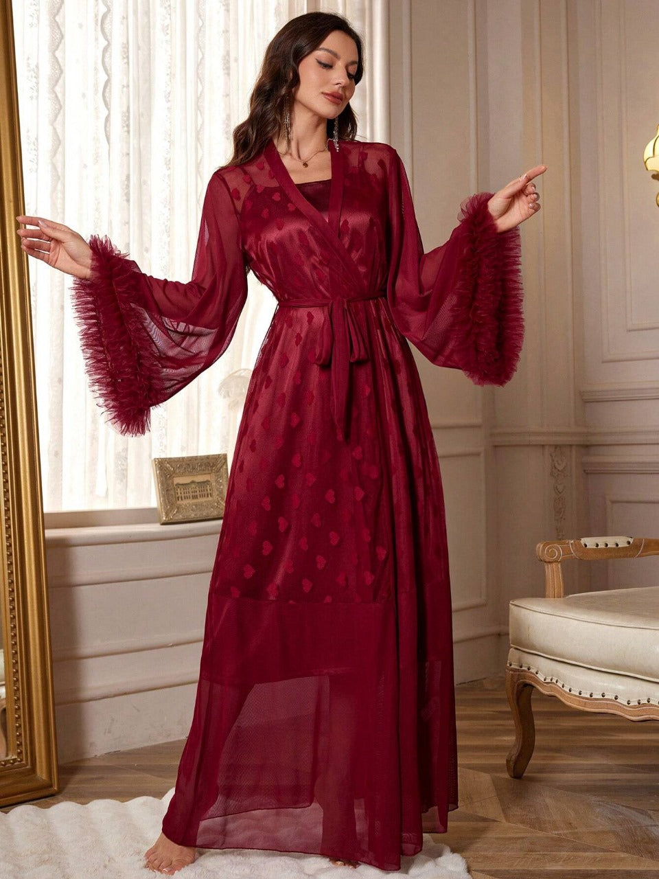 3D Floral Lace Decor Heart Design Mesh Robe And Solid Satin Cami Dress, Pajama Set