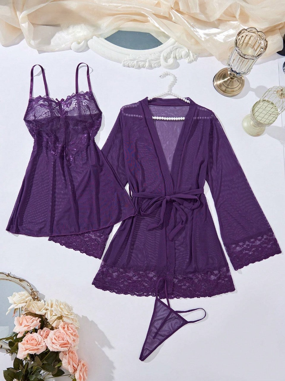 Ladies Contrast Lace Cami Dress And Robe Sexy Lingerie Set