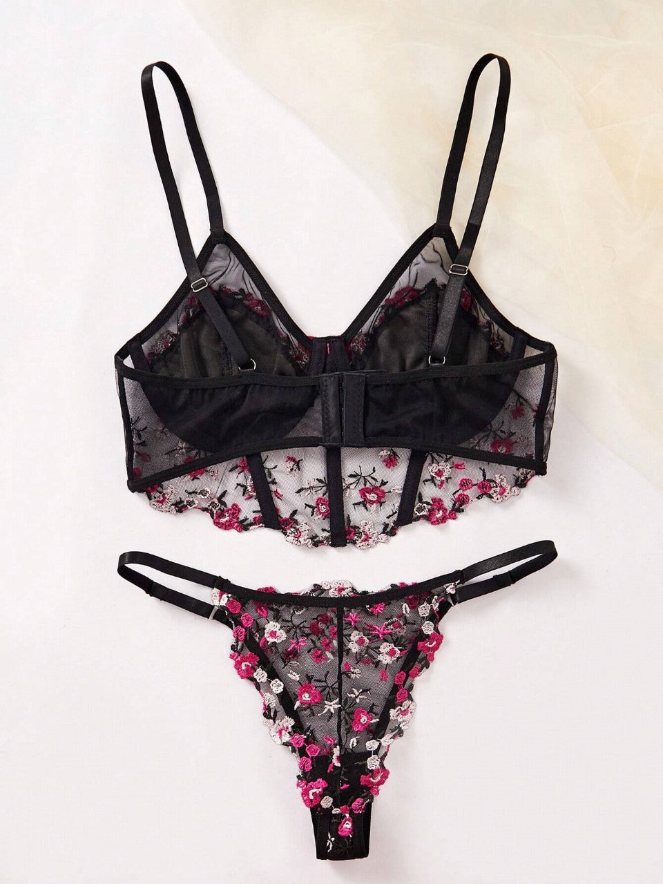 Ladies’ Flowers Embroidery Mesh Lingerie Set
