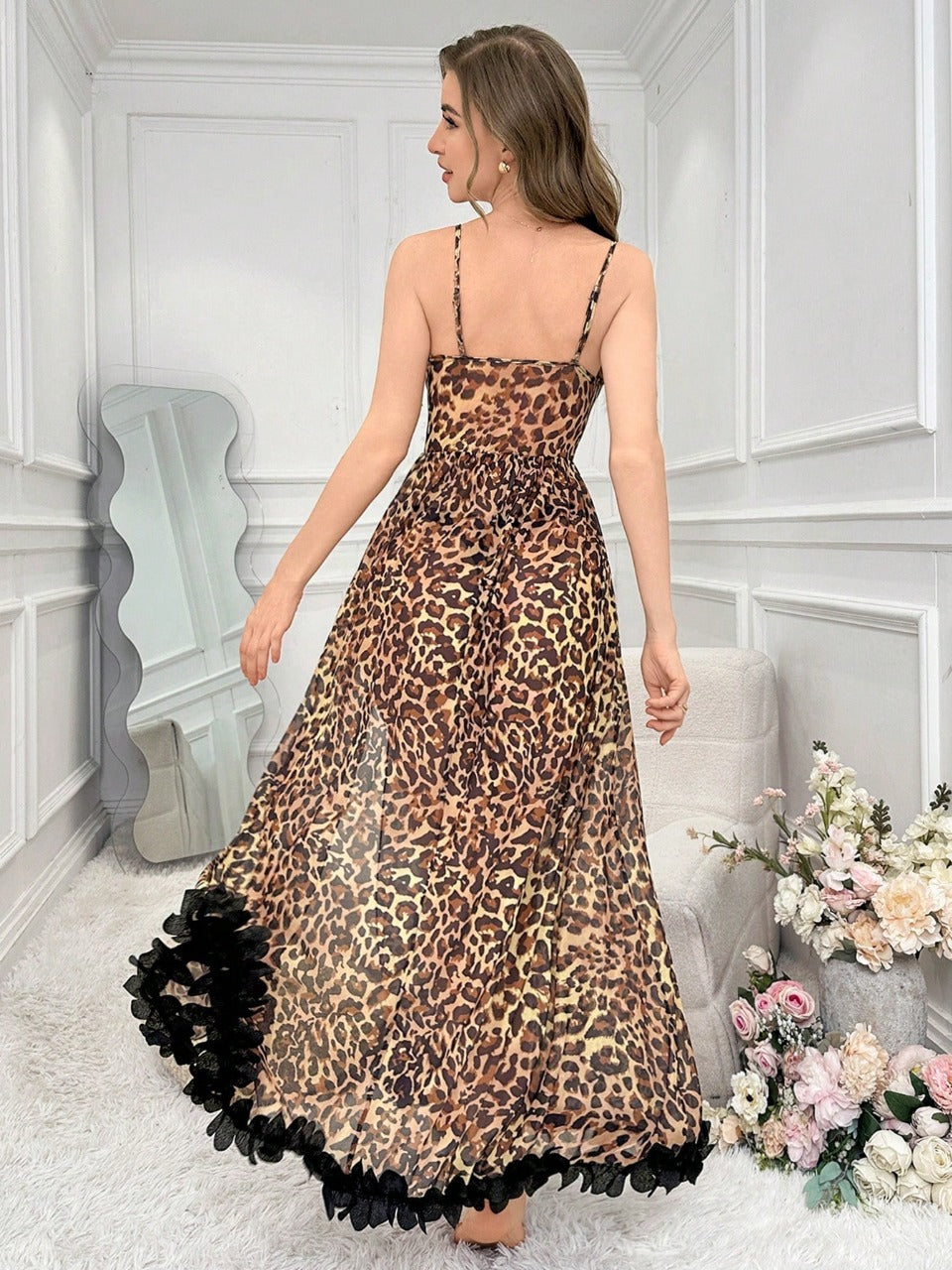 Leopard Print Mesh Ruffle Trim Hollow-Out Sexy Slit Hem Sleeveless Women's Long Nightgown