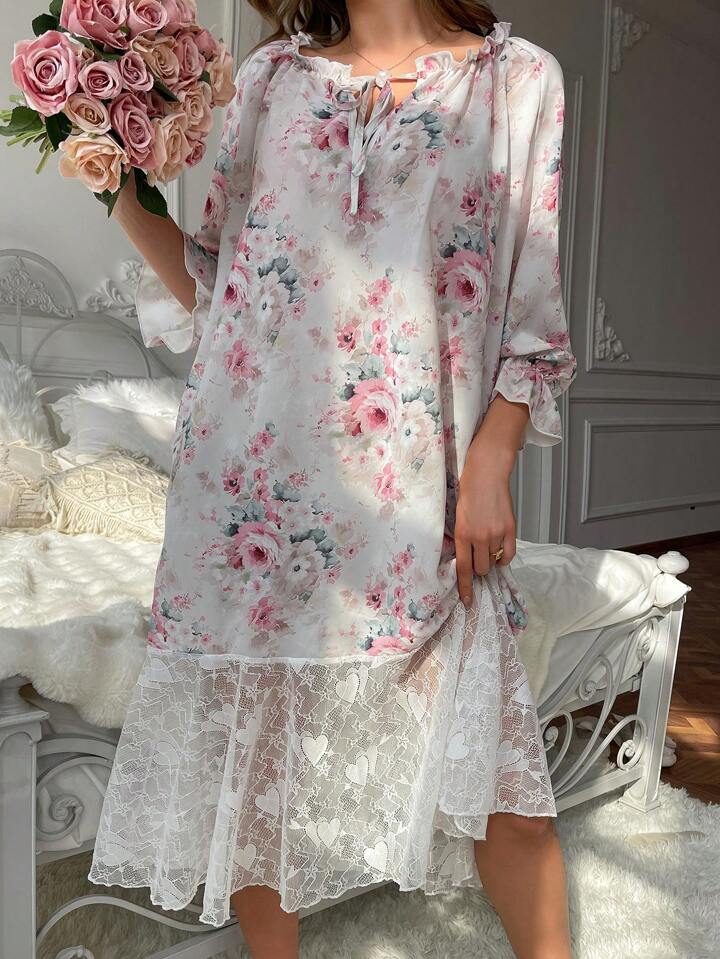 Women'S Floral Print Lace Trimmed Neckline Ribbon Tie Sleep Dress