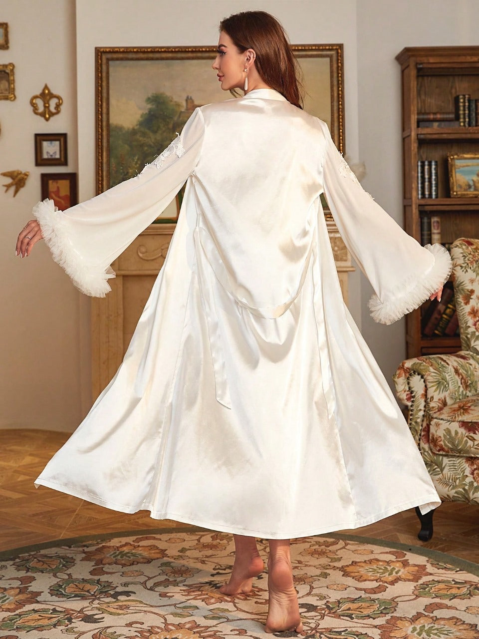 Ruffle Trim Appliques Belted Satin Robe & Cami Dress PJ Set