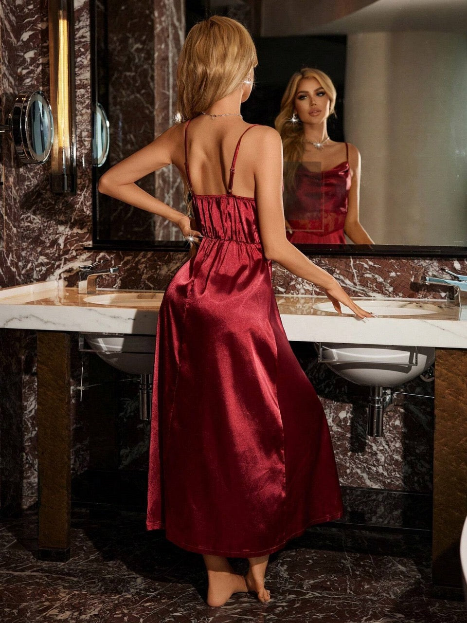 Lace-Up Cutout Waist Faux Silk V-Neck Camisole Nightgown
