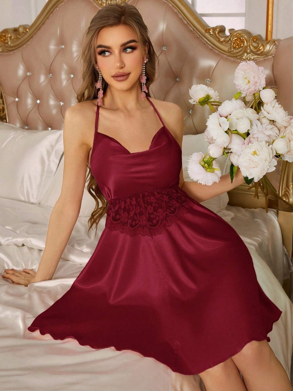 Lace Trimmed Satin Halter Neck Women's Nightgown