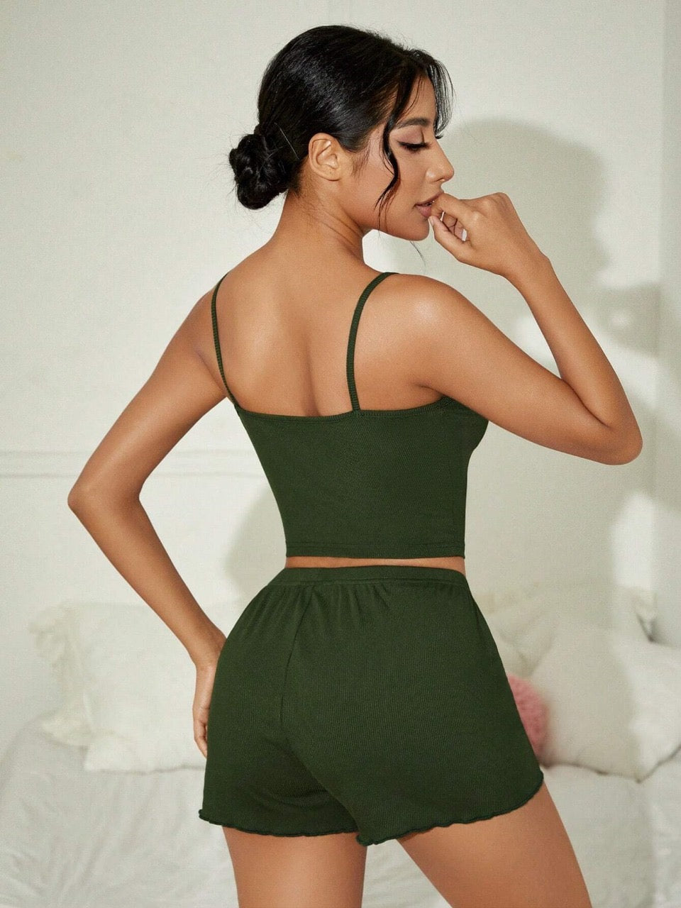 Ladies' Solid Color Casual Racerback Tank Top And Shorts Home Wear Set