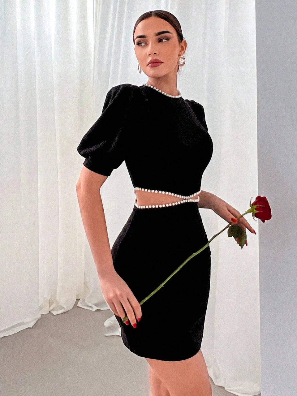 Privé Ladies' Hollow Out Black Minimalist Short Sleeve Dress With Waist Cut-Out For Romantic Date, Party, Commuting