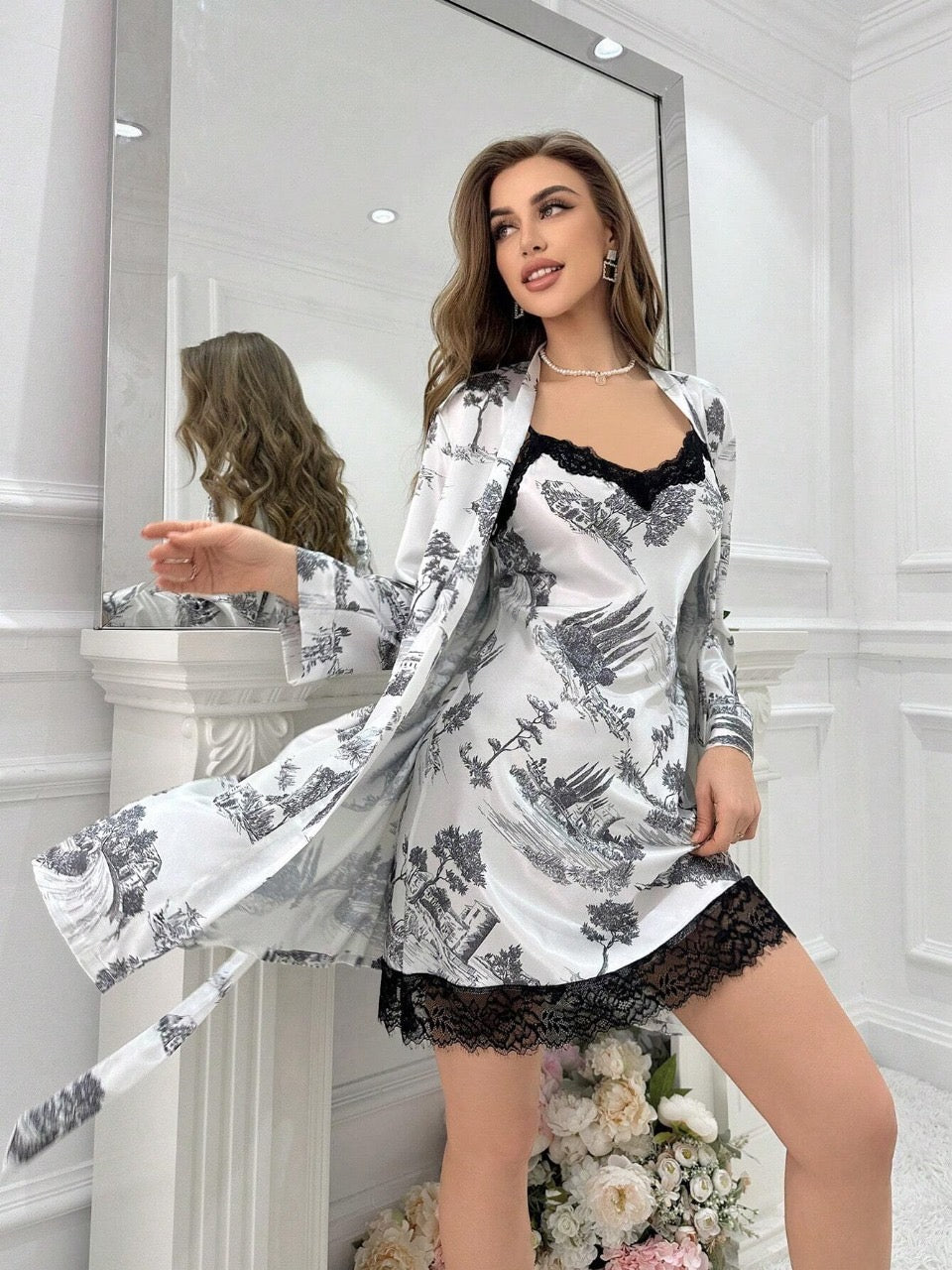 Ladies' Scenery Printed Lace Trimmed Cami Nightgown Pajama Set