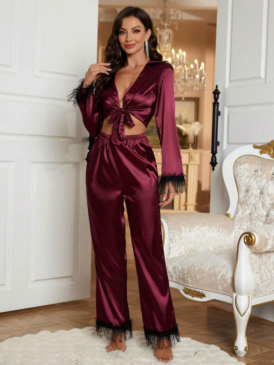 Women Solid Color Tassel Detail Long Sleeve Pants