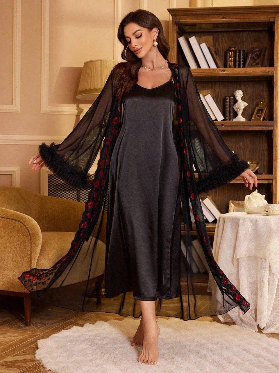 2pcs Set: Lace Splice Floral Lantern Sleeve Mesh Robe & Solid Faux Silk Nightgown