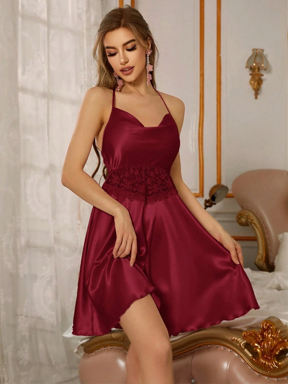 Lace Trimmed Satin Halter Neck Women's Nightgown