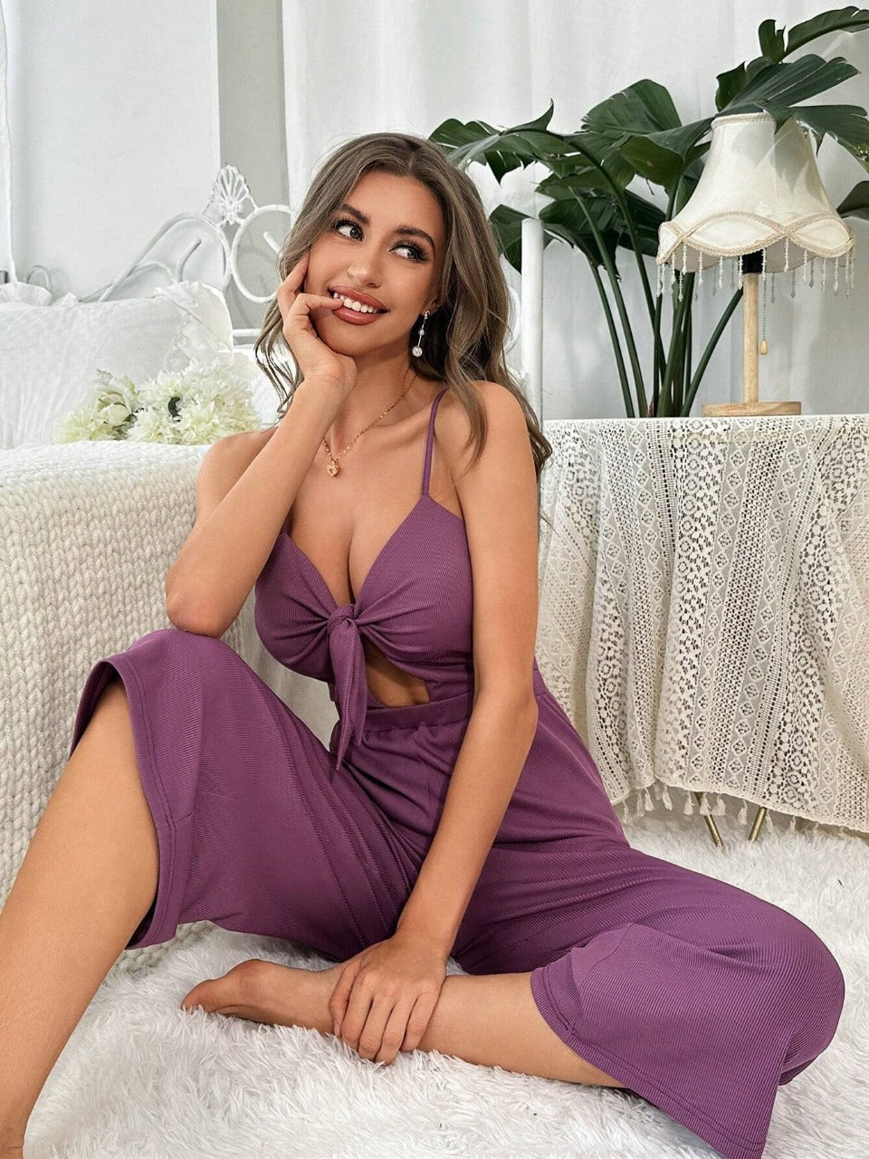 Women's Solid Color Wide-Leg Jumpsuit With Straps For Home Wear