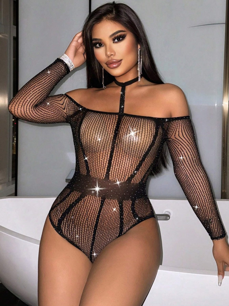 Women's Sexy Rhinestone Bodysuit With Long Sleeve, Halter Neck And Tie-Up Design