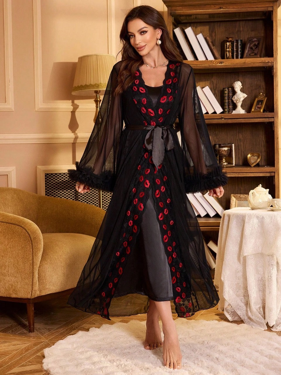 2pcs Set: Lace Splice Floral Lantern Sleeve Mesh Robe & Solid Faux Silk Nightgown