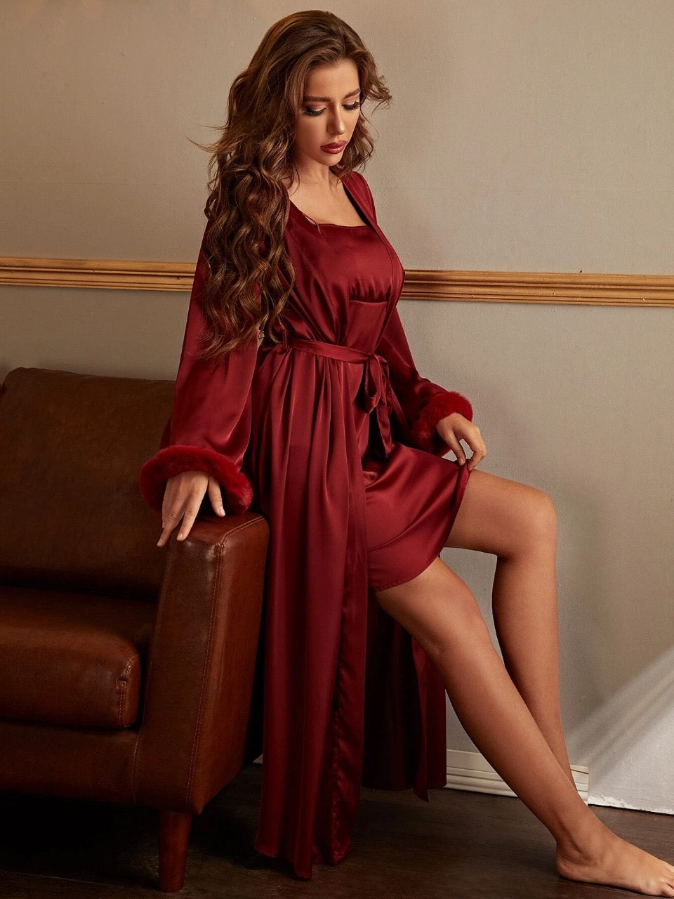 Knot Side Cami Night Dress With Belted Robe