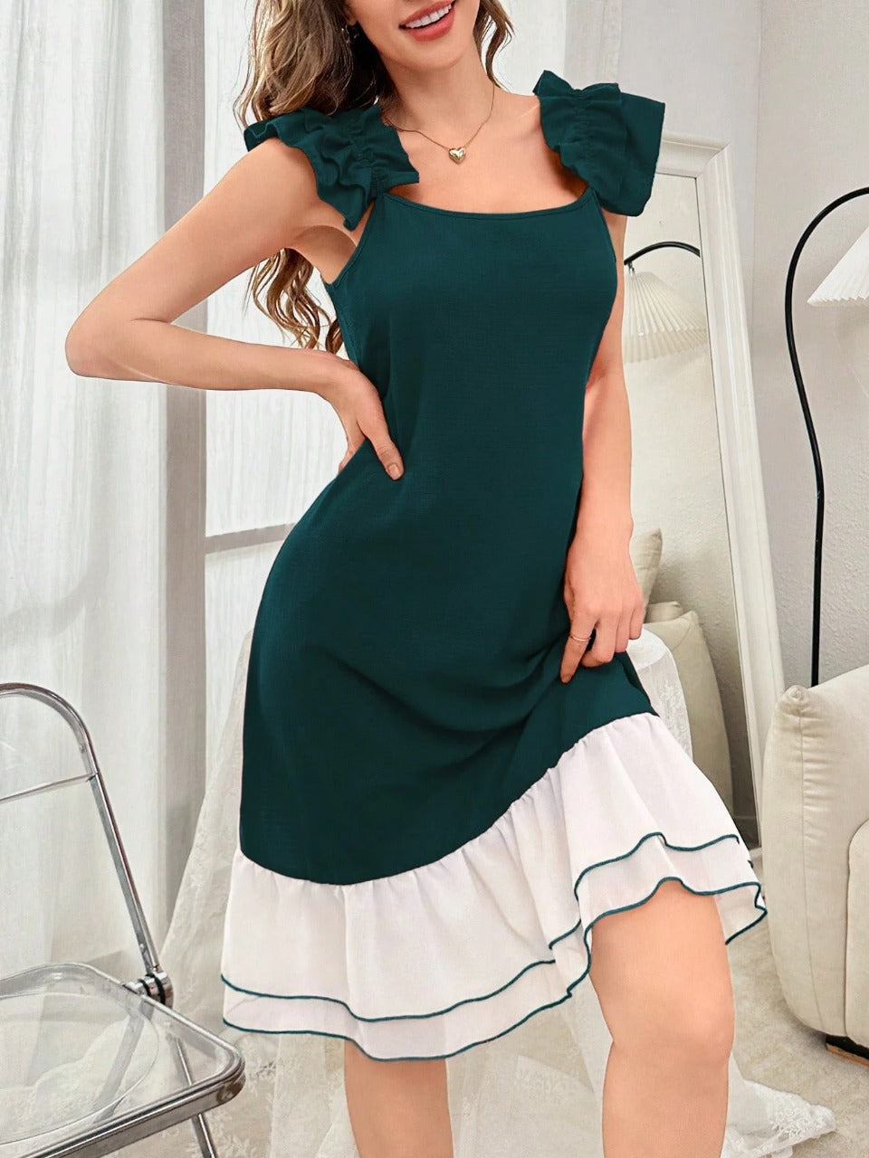 Women Contrast Color Chiffon Ruffle Hem Strap Nightdress