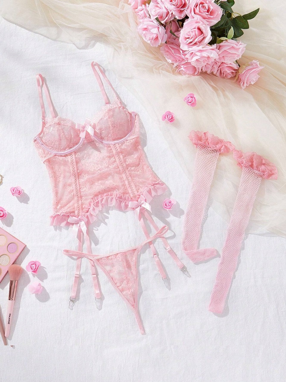 FloralLove Floral Lace Underwire Garter Corset Lingerie Set With 1pair Stocking