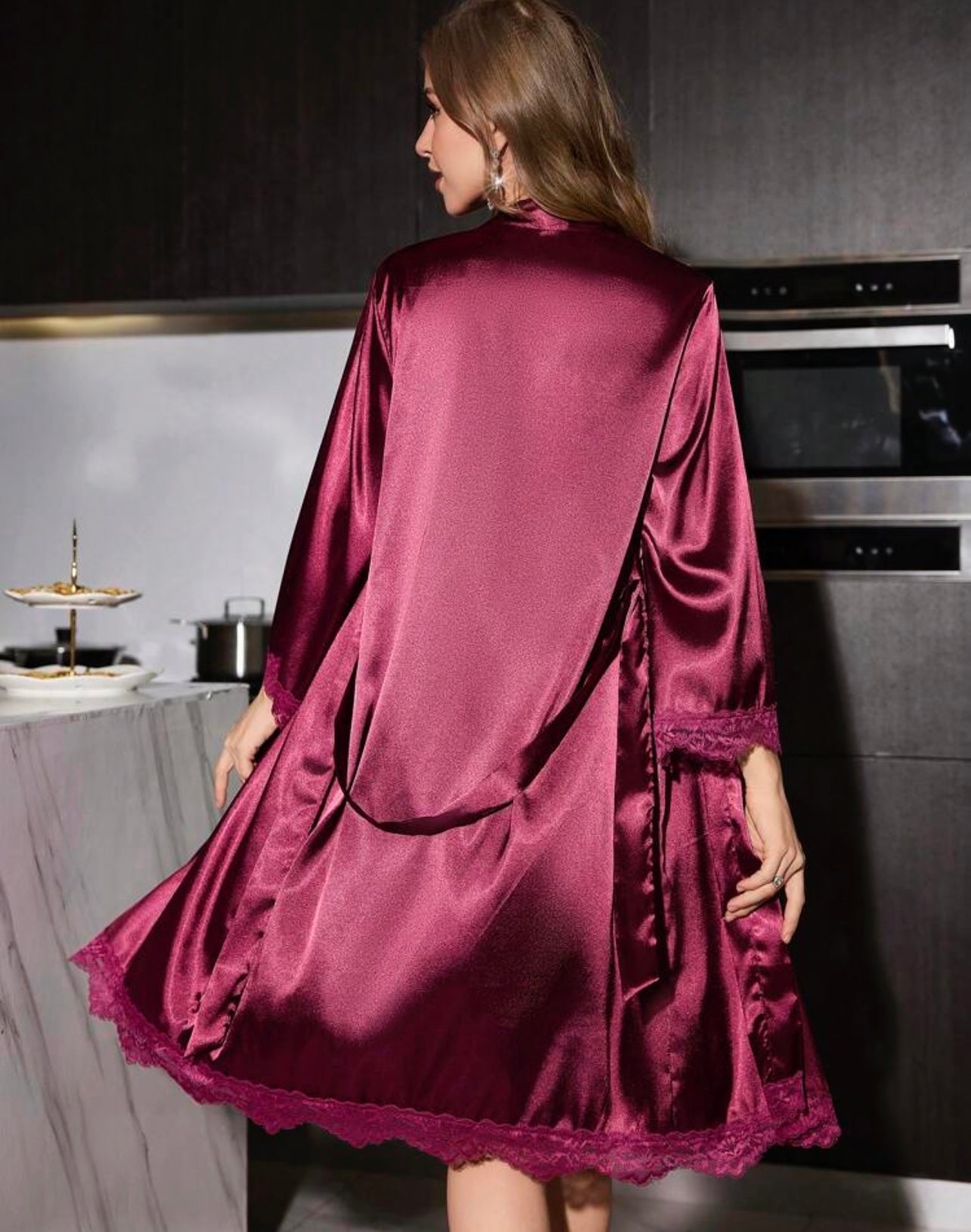 SilkySpell 3 Pcs Set: Lace Splice Slit Cami Nightgown + 3/4 Sleeve Robe + Lace Leg Garter, Ladies Sleepwear
Size