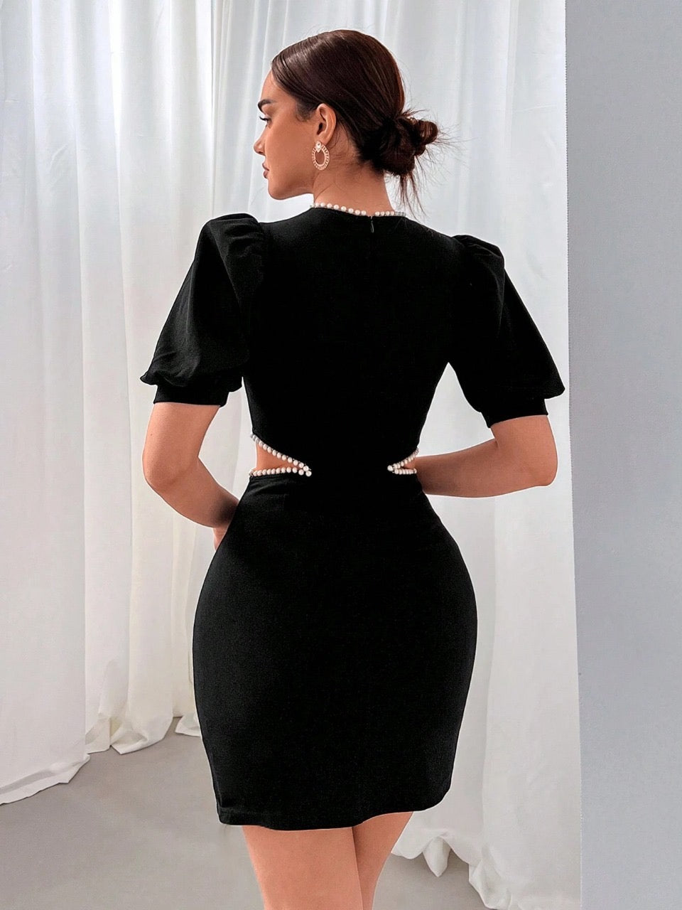 Privé Ladies' Hollow Out Black Minimalist Short Sleeve Dress With Waist Cut-Out For Romantic Date, Party, Commuting